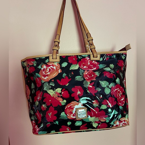 Dooney & Bourke Rose Garden Bloom Black Red PVC Shopping Tote Bag Vintage - Picture 3 of 13